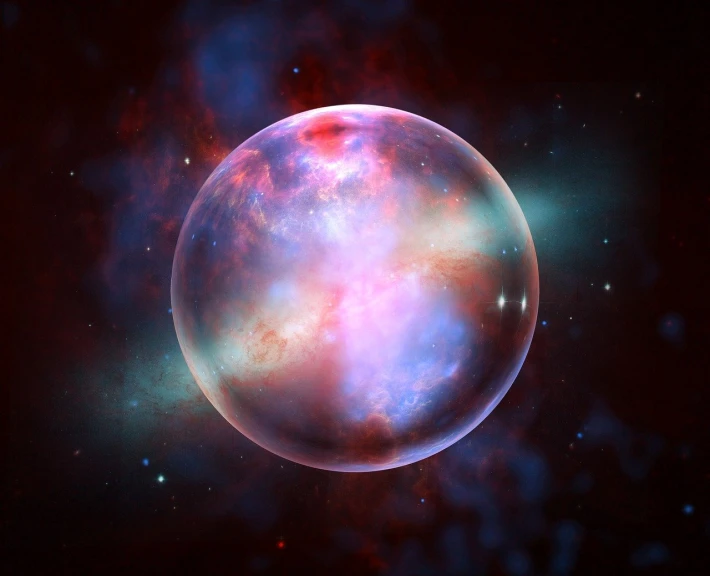 a close up of a planet with a star in the background, an illustration of, by Daniel Chodowiecki, shutterstock, space art, iridescent soapy bubbles, glowing colorful fog, lens flare photo real, a large sphere of red energy