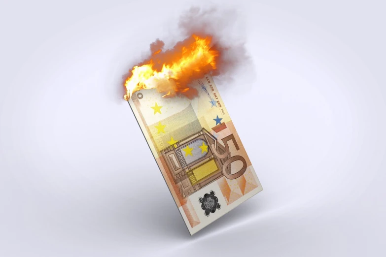 a burning euro bank note on a white background, concept art, by Mathias Kollros, istockphoto, take off, badass, retail price 4 5 0