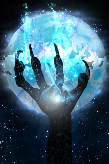 a close up of a person's hand with a full moon in the background, digital art, by Relja Penezic, shutterstock, digital art, blue djinn, casting evil spell, cosmic tree, claws are up