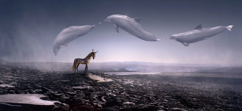 a giraffe standing on top of a rocky beach, a matte painting, shutterstock contest winner, surrealism, they are chasing a whale, horses, dolphins, 4 k photoshopped image