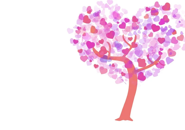 a heart shaped tree on a white background, an illustration of, romanticism, pink and purple, falling hearts, an illustration, card
