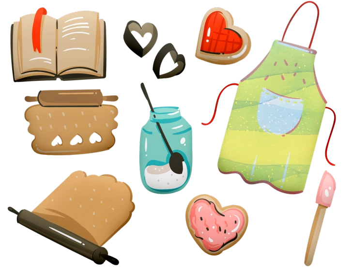 a bunch of cookies sitting on top of a table, vector art, tumblr, conceptual art, various items, love craft, tools, on black background