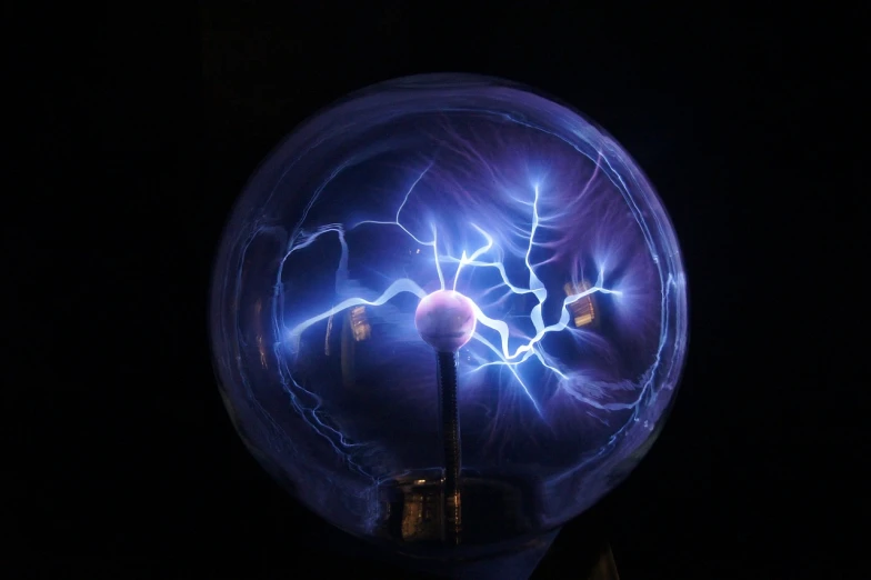 a close up of a light bulb in a dark room, nuclear art, lightning arc plasma, cool purple slate blue lighting, ghost sphere, thunderbolt