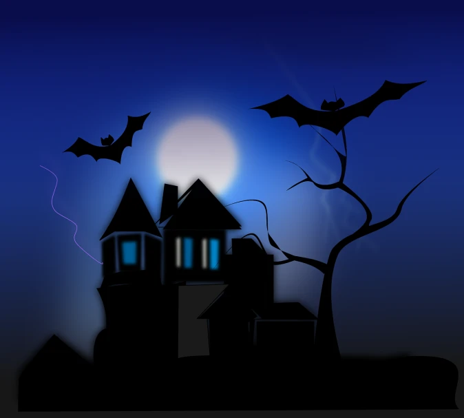 a house with bats flying in front of it, pixabay, cel shaded vector art, with glowing blue lights, high-res, deck