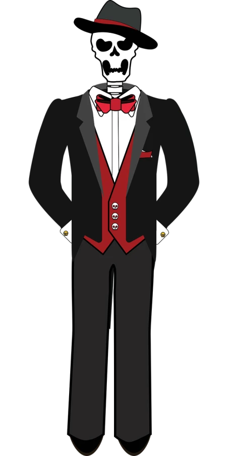 a skeleton dressed in a tuxedo and bow tie, a cartoon, inspired by Tex Avery, pixabay, sots art, red vest, standing with a black background, officers uniform, created in adobe illustrator