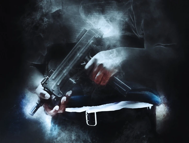 a man holding a gun in his hand, concept art, realism, death is split in two with smoke, edited in photoshop, blues, pulp fiction style