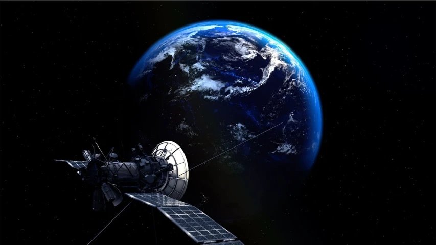 an artist's rendering of a satellite with the earth in the background, a digital rendering, by Jakob Gauermann, shutterstock, space art, detailed photo of virtual world, stock photo, dutch angle from space view, navy