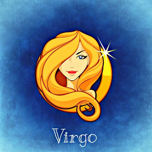 a drawing of a woman with long blonde hair, vector art, zodiac sign, indigo background, vignette illustration, vargas