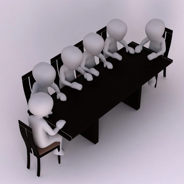 a group of 3d people sitting around a table, a picture, by Juan O'Gorman, shutterstock, digital art, jury, bumps, watch photo, detailed picture