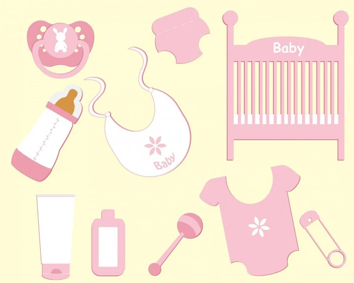 a collection of baby items on a yellow background, vector art, by Gawen Hamilton, pixabay, happening, pink girl, smooth and clean vector curves, clean cel shaded vector art, contracept