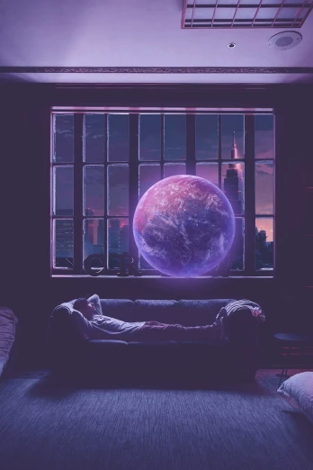 a living room filled with furniture and a large window, inspired by Beeple, magical realism, violet planet, .. if only i could sleep, beeple and jeremiah ketner, new album cover
