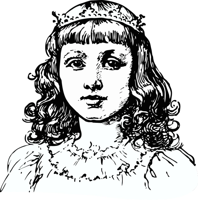 a black and white drawing of a young girl, inspired by Wojciech Siudmak, pixabay, blue tiara, drawing gustave dore, vectorized, queen of england