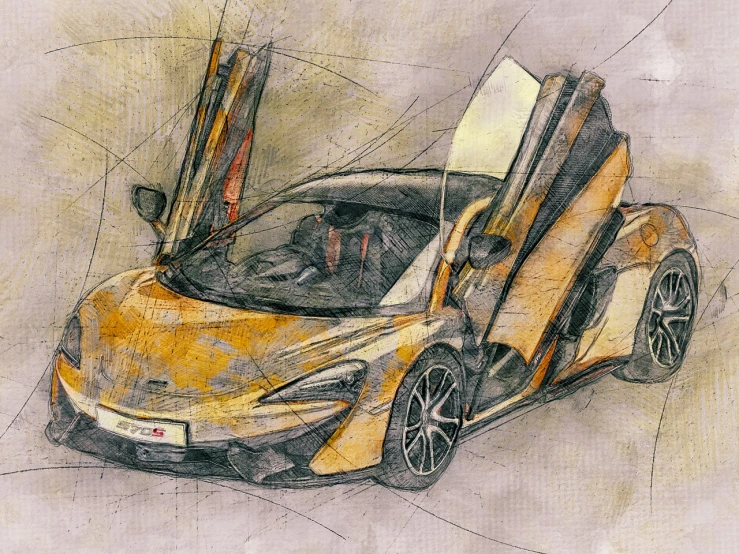 a drawing of a yellow sports car with open doors, a digital painting, mclaren, hd mixed media, sketched 4k, on paper