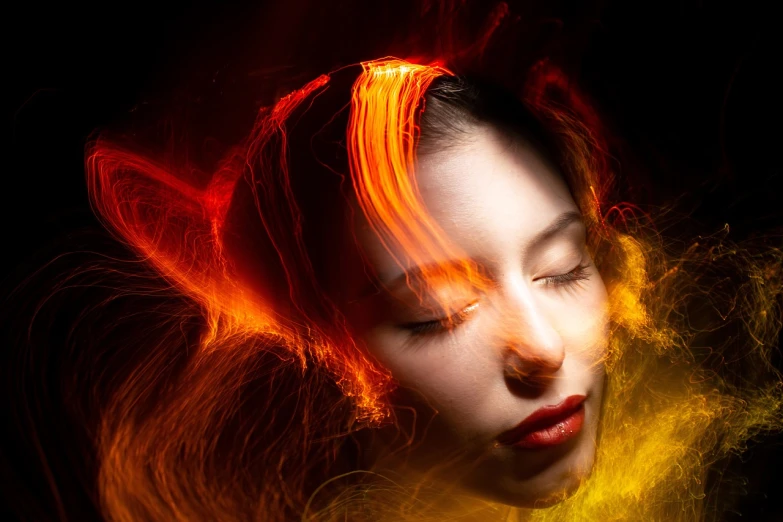 a close up of a woman's face with red and yellow hair, by Adam Marczyński, fire beam, karol bak uhd, electricity aura, stable diffusion self portrait