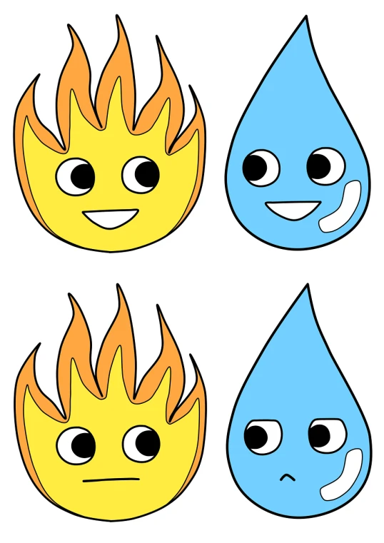 a set of four cartoon fire and water faces, by Maeda Masao, raindrop, happy friend, ms paint drawing, plan