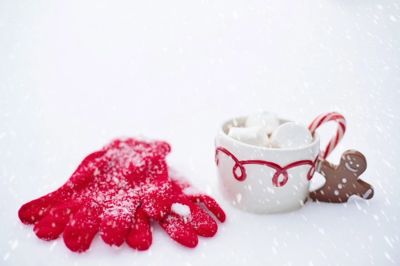 a cup of hot chocolate next to a mug of marshmallows, a picture, red gloves, snowstorm ::5, 555400831, playful composition canon