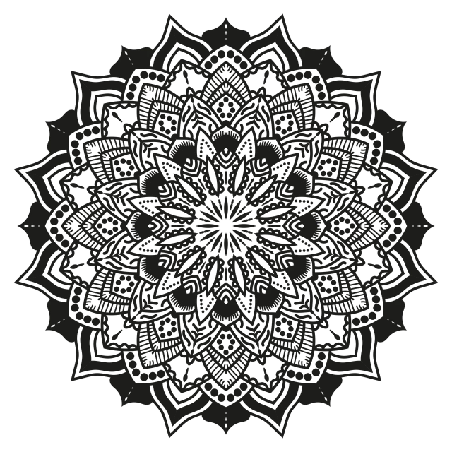 a black and white circular design on a black background, vector art, inspired by Shūbun Tenshō, unsplash, gothic art, a beautiful buddhist mandala, (((dark colors))), subtle lovecraftian vibes, dark theme night time