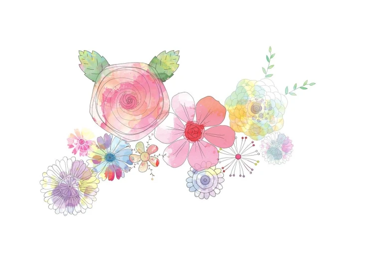 a drawing of a bunch of flowers on a white background, a pastel, by Maki Haku, trending on pixabay, full of colour 8-w 1024, frill, mixed media style illustration, けもの