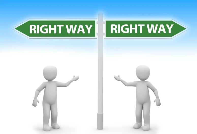 a person standing next to a sign that says right way and right way, by Robert Gavin, pixabay, realism, computer generated, left right front back, 2 people, hovering indecision