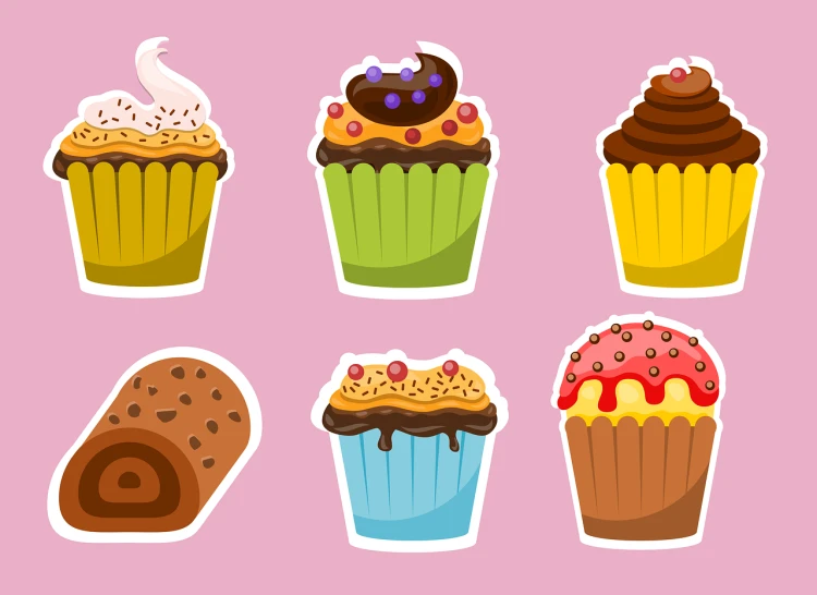 a bunch of different types of cupcakes on a pink background, vector art, shutterstock, unused sticker sheet, 6 pack, with bread in the slots, sticker illustration