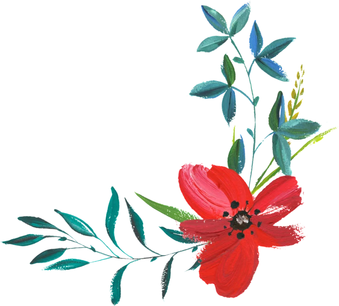 a red flower with green leaves on a black background, a digital painting, inspired by Master of the Embroidered Foliage, pixabay, traditional brushes strokes, flower frame, anemones, blue flowers accents