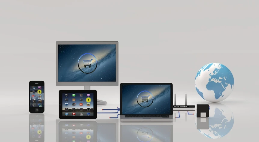 a group of electronic devices sitting on top of a table, a computer rendering, by Kurt Roesch, pixabay, some spherical, web design, digital screens on the walls, productphoto