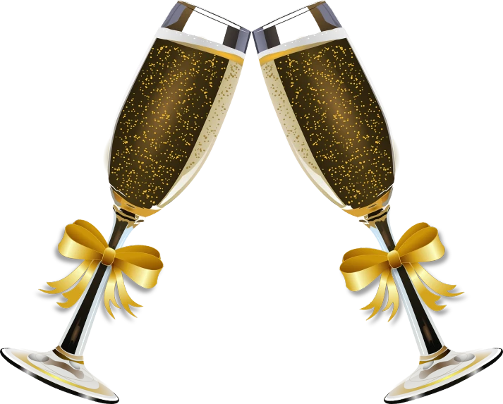 two glasses of champagne with a gold bow, by John Wilson, pixabay, on a flat color black background, celebrate goal, vacation photo, various posed