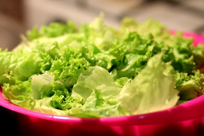 a pink bowl filled with lettuce sitting on top of a counter, a picture, pixabay, closeup at the food, chiffon, video footage, 4k. high quality