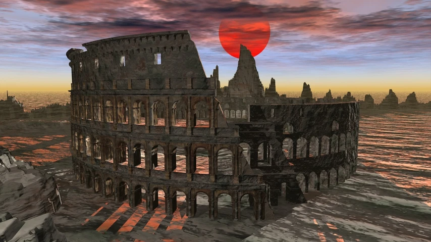 a computer generated image of the colossion of the colossion of the colossion of the colossion of the coloss, inspired by Piranesi, pixabay contest winner, renaissance, sun setting, coliseum, scorched earth, huge red moon