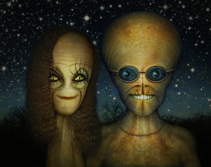 a couple of aliens standing next to each other, digital art, inspired by Jim Burns, naotto hattori, in the astral plane ) ) ), creepy smiles, dim stars as eyes