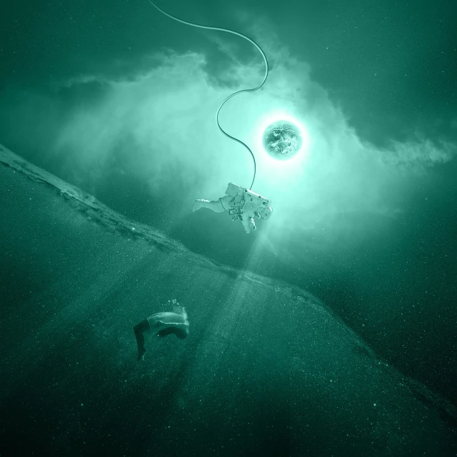 a person is flying a kite in the sky, digital art, inspired by Michal Karcz, under water deep sea laboratory, moon light fish eye illustrator, dsrl photo, deep green