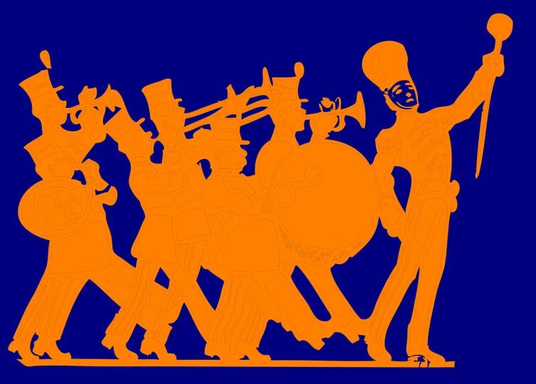 a group of people with musical instruments on a blue background, an illustration of, dribble, figuration libre, orange metal ears, high contrast illustration, military parade, siluettes