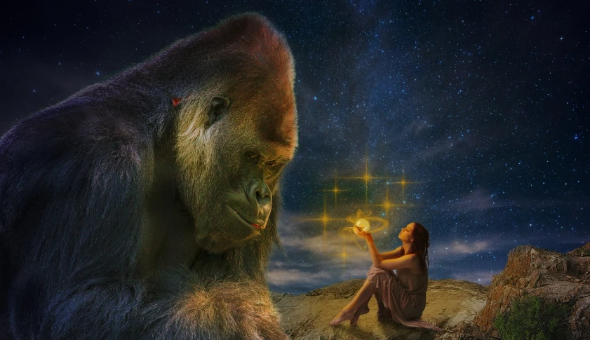 a woman sitting on a rock next to a gorilla, digital art, by Alexander Kucharsky, pixabay contest winner, shining its light among stars, high quality fantasy stock photo, ape teaching pepe, photo of a beautiful