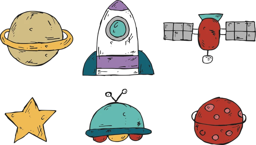a bunch of different colored objects on a black background, concept art, trending on pixabay, space art, 60's cartoon-space helmet, hand drawn cartoon, hats, zoomed in