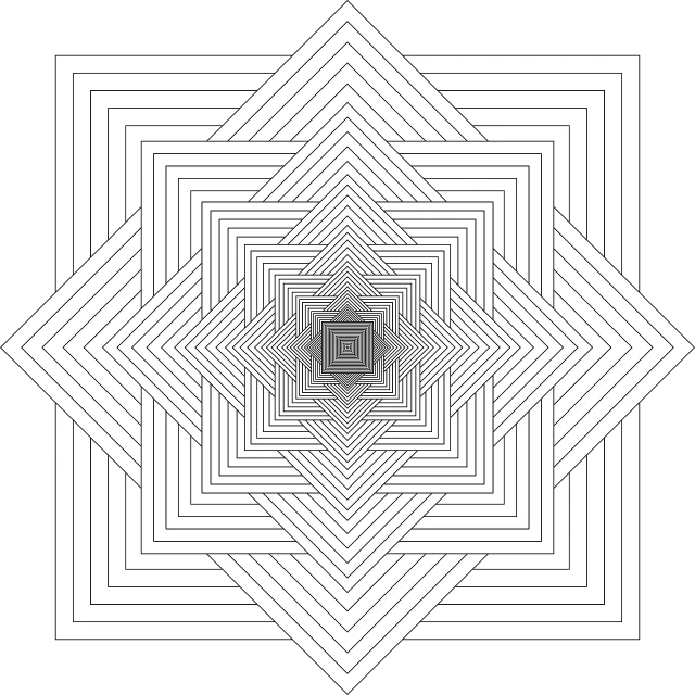 a black and white geometric design on a black background, an abstract drawing, reddit, op art, yantra, gradient white to silver, variable lineart, focus stacked