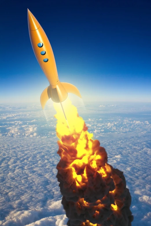 a close up of a rocket flying through the sky, concept art, by John Luke, shutterstock, surrealism, with 3d render, very accurate photo, long orange hair floating on air, high quality fantasy stock photo