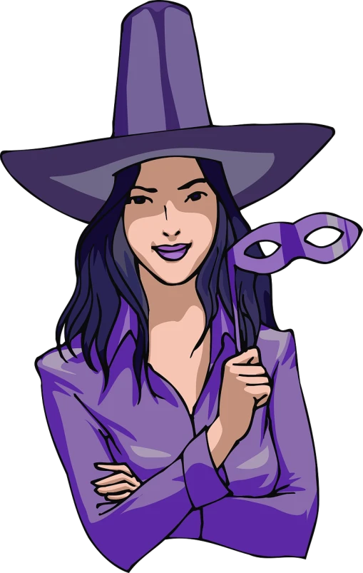 a woman wearing a hat and holding a pair of scissors, vector art, inspired by Asaf Hanuka, digital art, dark purple color scheme, beautiful cowboy witch, rukis. comic book style, with haunted eyes and dark hair