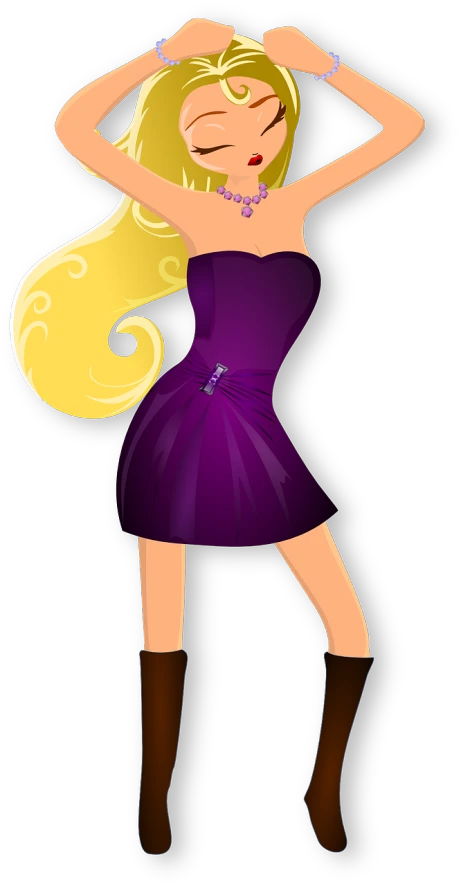 a woman in a purple dress with her hands on her head, a digital rendering, inspired by INO, tumblr, rapunzel, cardboard cutout, disney!!, sleek curves