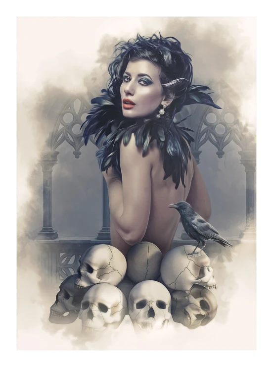 a woman sitting on top of a pile of skulls, a portrait, inspired by Tom Bagshaw, black feathers, boris vallejo style, official print, on the altar
