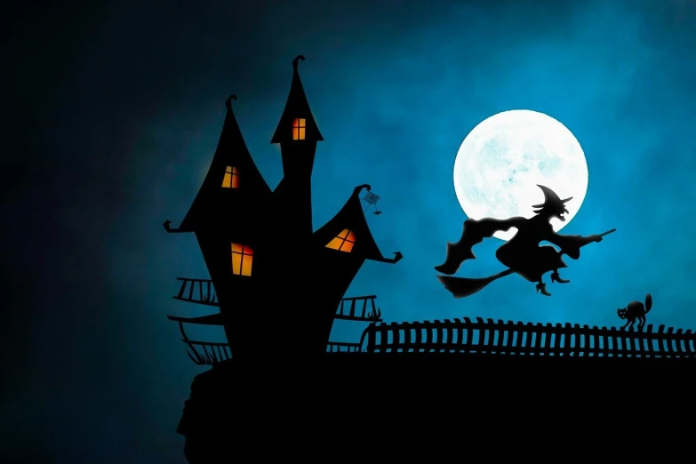 a silhouette of a witch flying in front of a full moon, a cartoon, by Zoran Mušič, pixabay contest winner, dracula fangs! haunted house, photo of a ghostly pirate, 🕹️ 😎 🔫 🤖 🚬, castelvania
