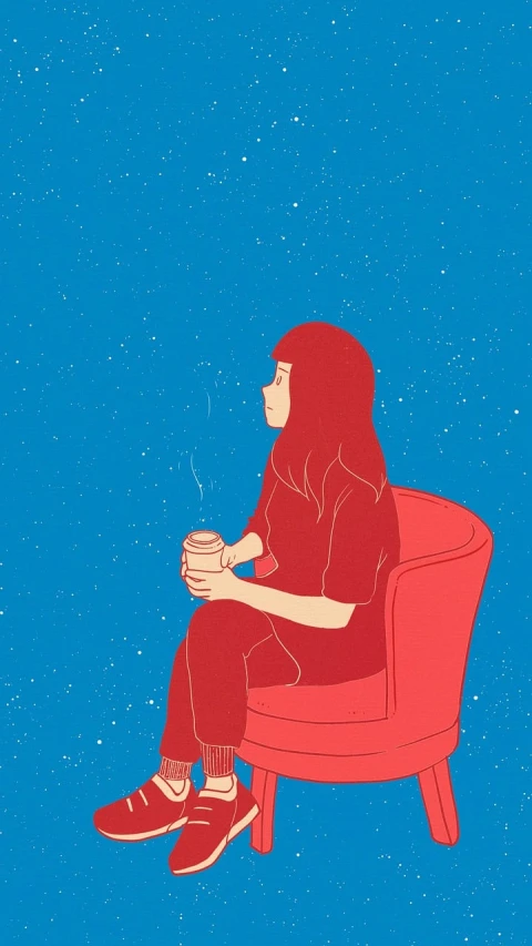 a person sitting in a chair with a cup of coffee, inspired by Emiliano Ponzi, tumblr, digital art, girl in space, red and blue color theme, jen bartel, the sky is a starry sky