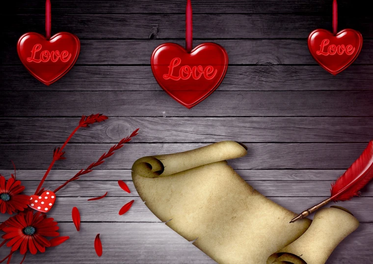 a paper scroll sitting on top of a wooden table, a digital rendering, romanticism, red hearts, loverslab, background image, watch photo