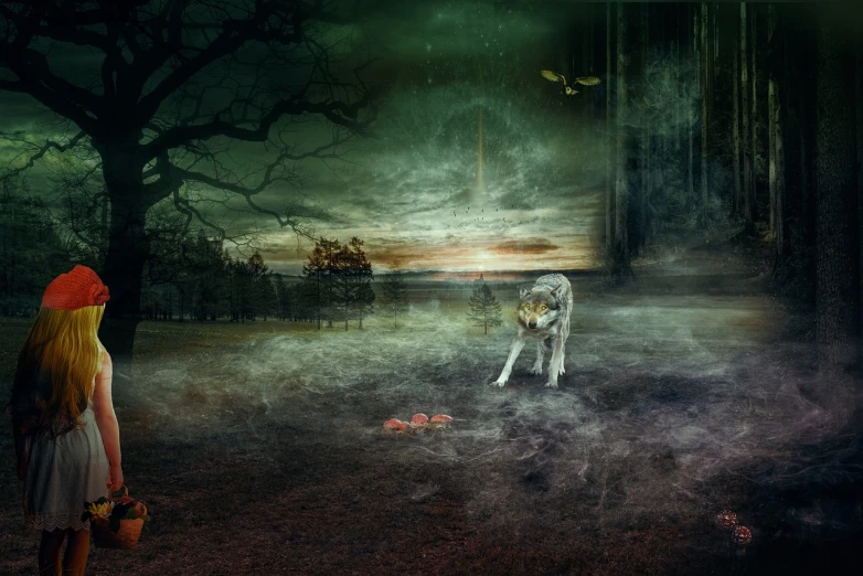 a little girl standing next to a white dog, a matte painting, inspired by Alexander Jansson, digital art, halloween atmosphere, enhanced photo, photo of wolf, high quality fantasy stock photo