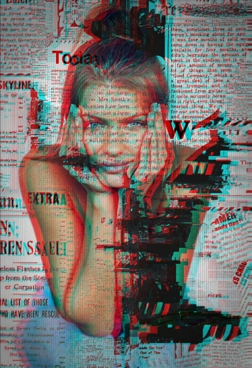 a woman that is standing in front of a newspaper, digital art, inspired by Antoine Wiertz, tumblr, digital art, glitch effects over the eyes, 3 d models, portrait of barbara palvin, cameron diaz portrait