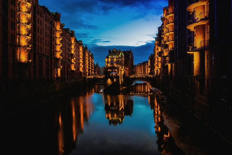 a river running through a city next to tall buildings, by Karl Hagedorn, pexels contest winner, baroque, victorian harbour night, lower saxony, summer morning light, with blue light inside