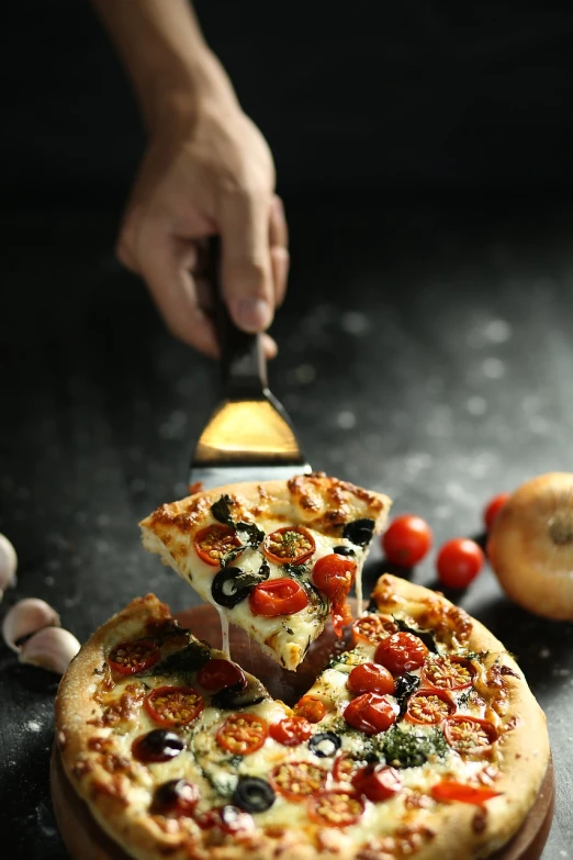 a person cutting a slice of pizza with a knife, photorealism, on a dark background, food photo, product introduction photo, beutiful!