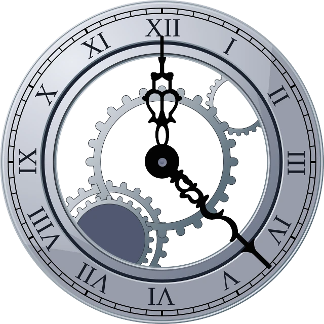 a clock with gears and roman numerals on it, by Andrei Kolkoutine, pixabay, grey and silver, detailed vector, lunar cycles, garbage