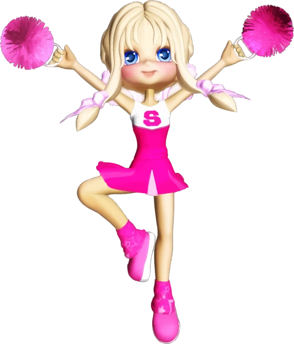 a close up of a doll with pom poms, a digital rendering, tumblr, a teenage girl cheerleader, full_body!!, pink iconic character, very very low quality picture