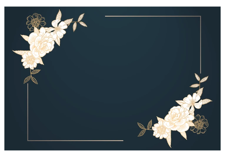 a gold floral frame on a dark blue background, lineart, shutterstock, cream and white color scheme, full screen, rose background, chinese painting style