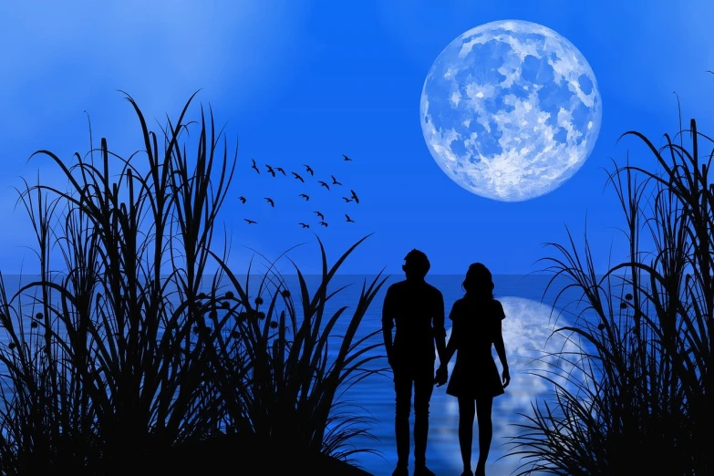 a man and a woman standing in front of a full moon, pixabay, romanticism, blue and black color scheme)), lakeside, love is begin of all, romantic!!!